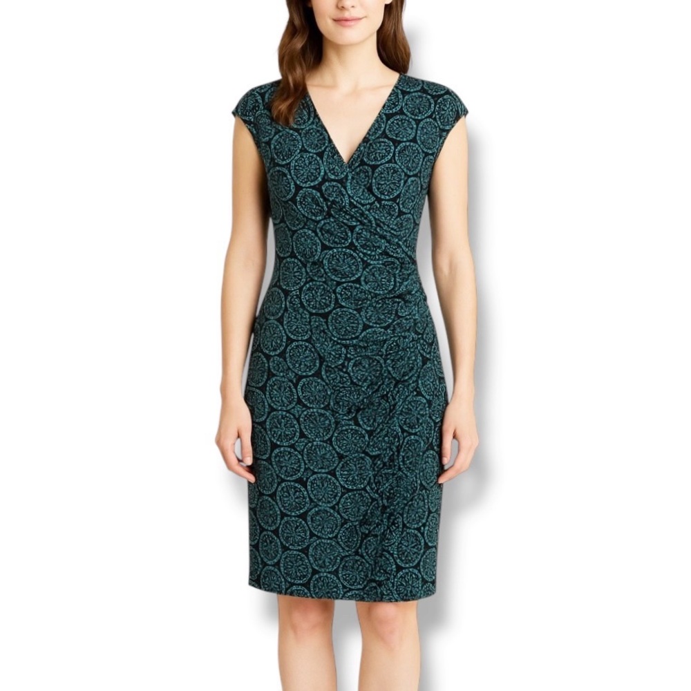Ralph Lauren Faux Wrap Surplice Dress Size 8 Teal Green Black V-Neck